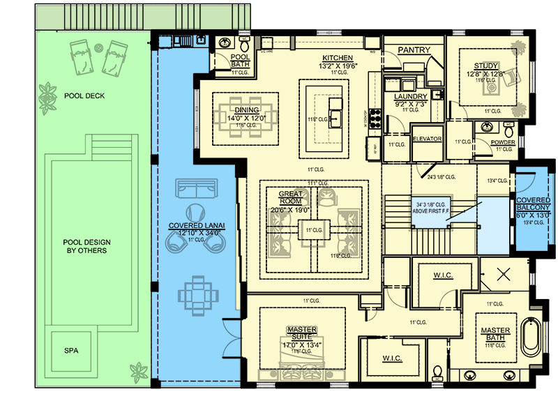 Plan 65646BS: Southern Coastal Home Plan with Two Master Suites - Floor Plan - Main Level - Coastal, Coastal Contemporary, Contemporary, European, Florida-Style, Mediterranean, Southern, Transitional, Tuscan