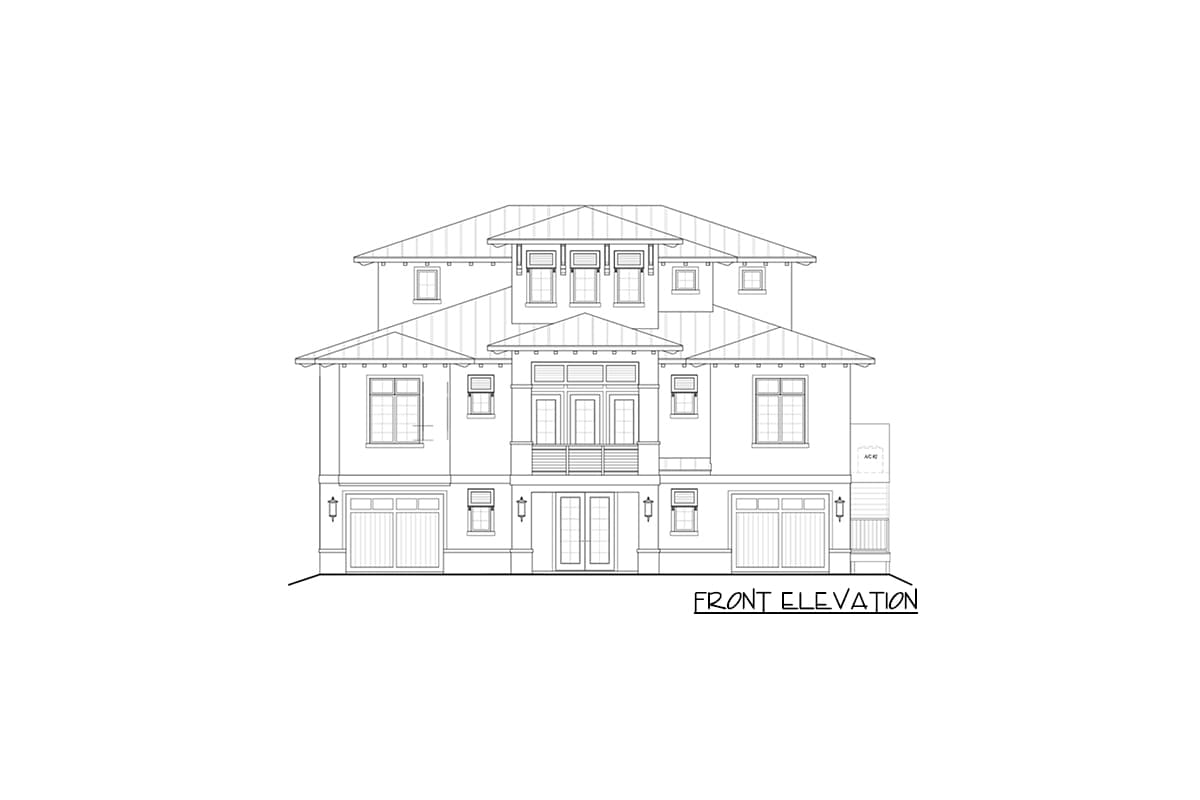 Front elevation drawing of a two-story house with multiple gables, dual garages, and a central covered balcony.