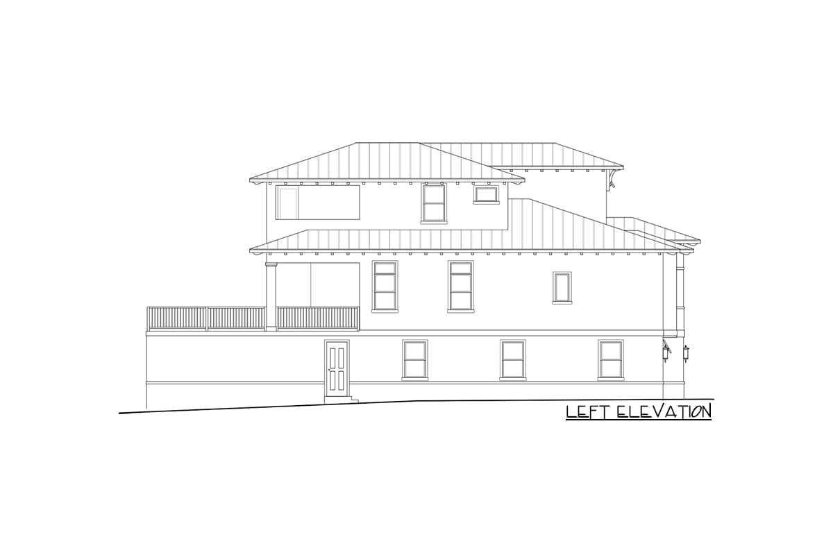 Left elevation drawing of a multi-story house with a covered porch, deck, and metal roof.