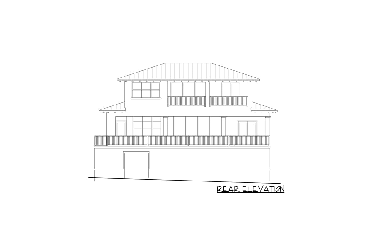 Rear elevation drawing of a two-story house with a metal roof, balconies, and large windows.