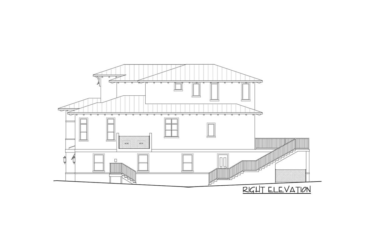 Right elevation drawing of a multi-story house with multiple rooflines, balconies, and stairs leading to different levels.