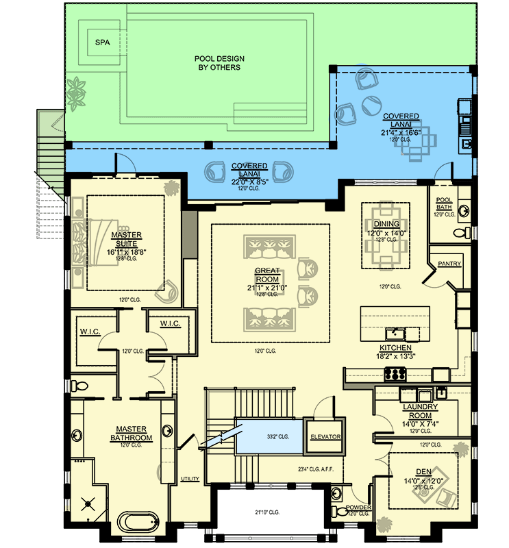 Plan 65647BS: Southern Coastal Home Plan with Elevator and Split Bedrooms - Floor Plan - Main Level - Coastal, European, Florida-Style, Mediterranean, Southern, Transitional