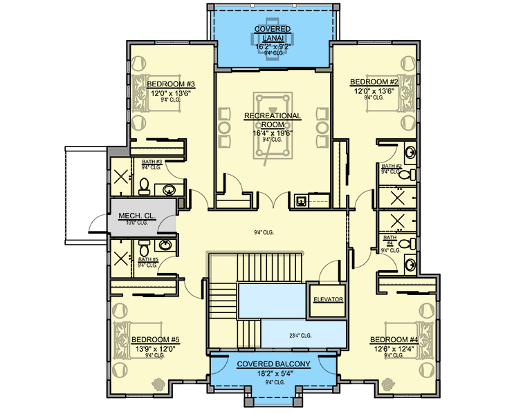 Plan 65647BS: Southern Coastal Home Plan with Elevator and Split Bedrooms - Floor Plan - 2nd Floor - Coastal, European, Florida-Style, Mediterranean, Southern, Transitional