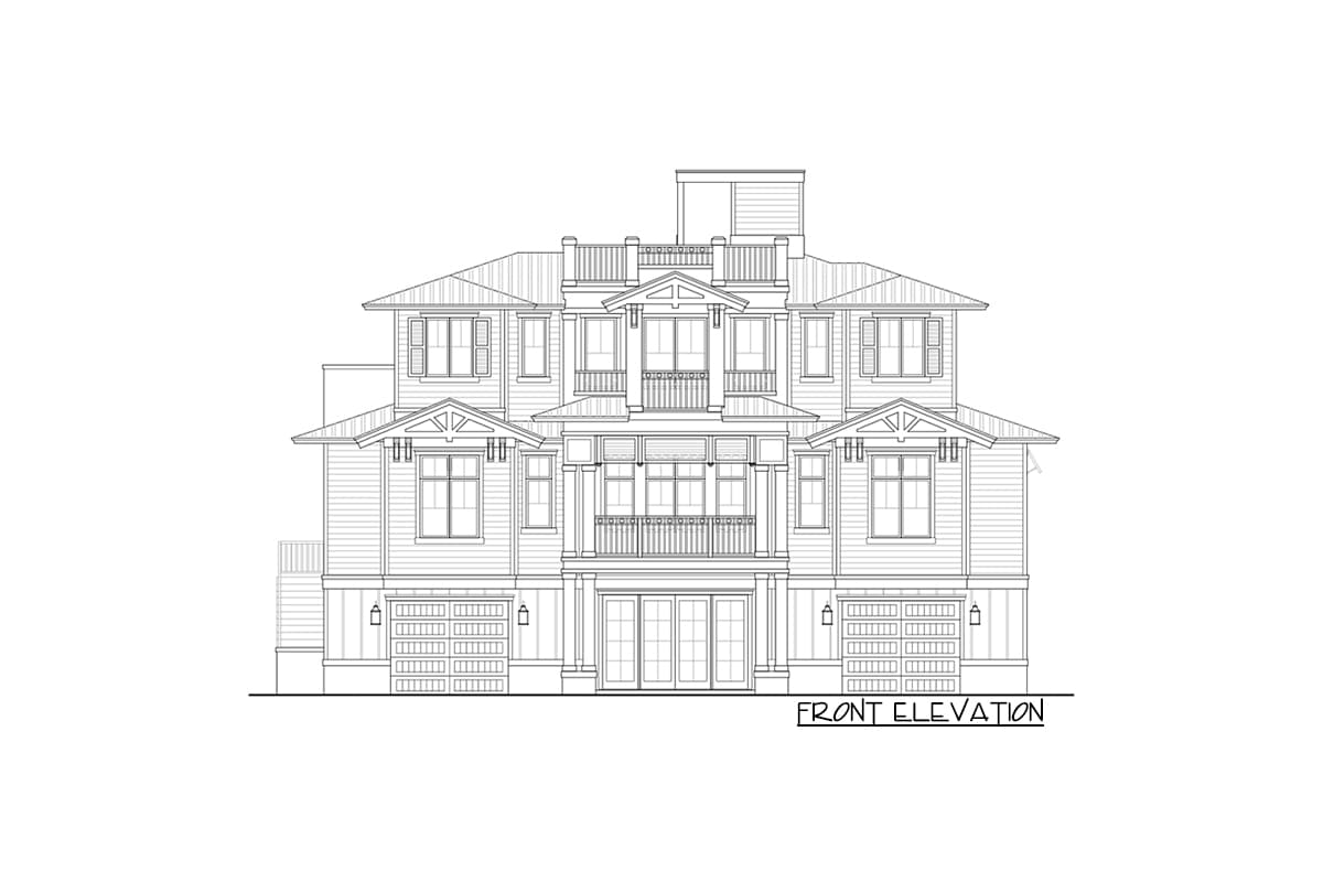 Front elevation drawing of a three-story house plan featuring two garages, multiple gables, and balconies.
