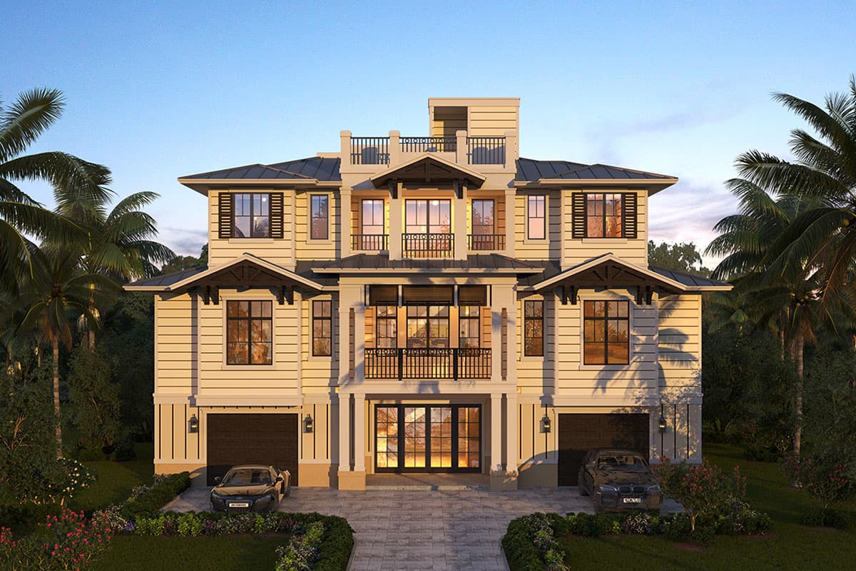 House plan exterior. Three-story home with Craftsman style. Features include multiple gables, balconies, and a center entry portico with columns.