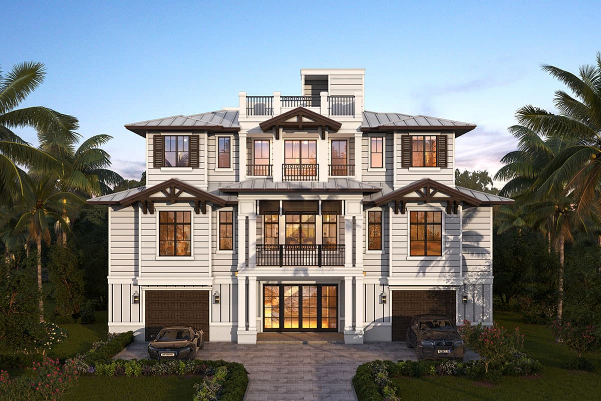 Coastal style house plan exterior, three stories, metal roof, two front-facing garages, balconies, and gabled dormers.