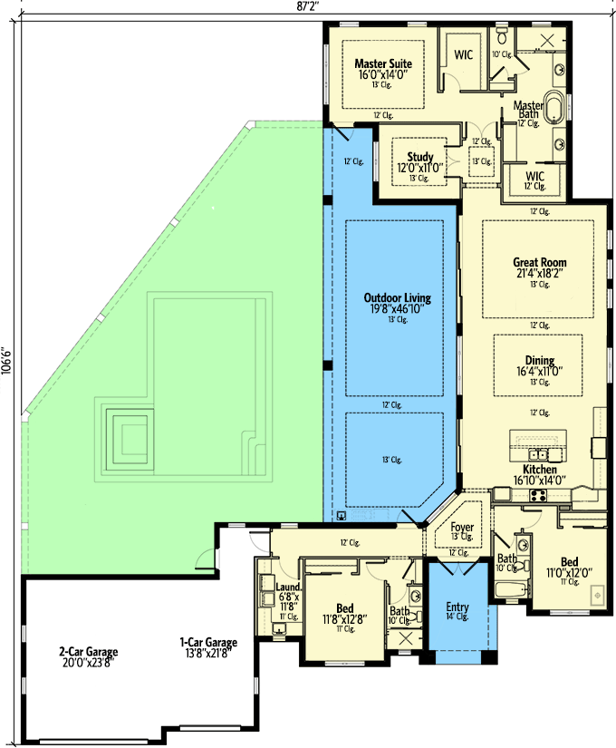 Plan 65648BS: Contemporary Florida Home Plan with Large Outdoor Living Area - Floor Plan - Main Level - Contemporary, European, Florida-Style, Southern, Transitional