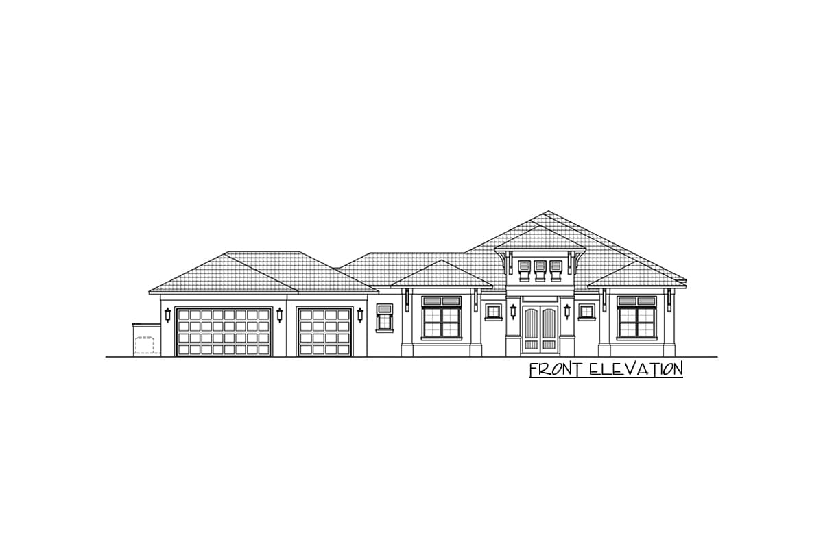 Front elevation drawing of a one-story house with a three-car garage, tile roof, and central entryway.