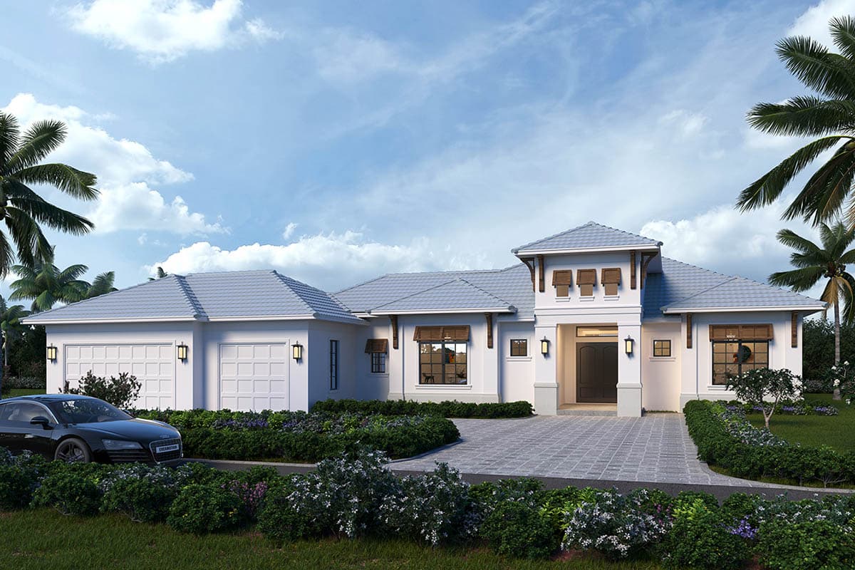 One-story house plan exterior with a tiled roof, three-car garage, and a central covered entry with decorative shutters.