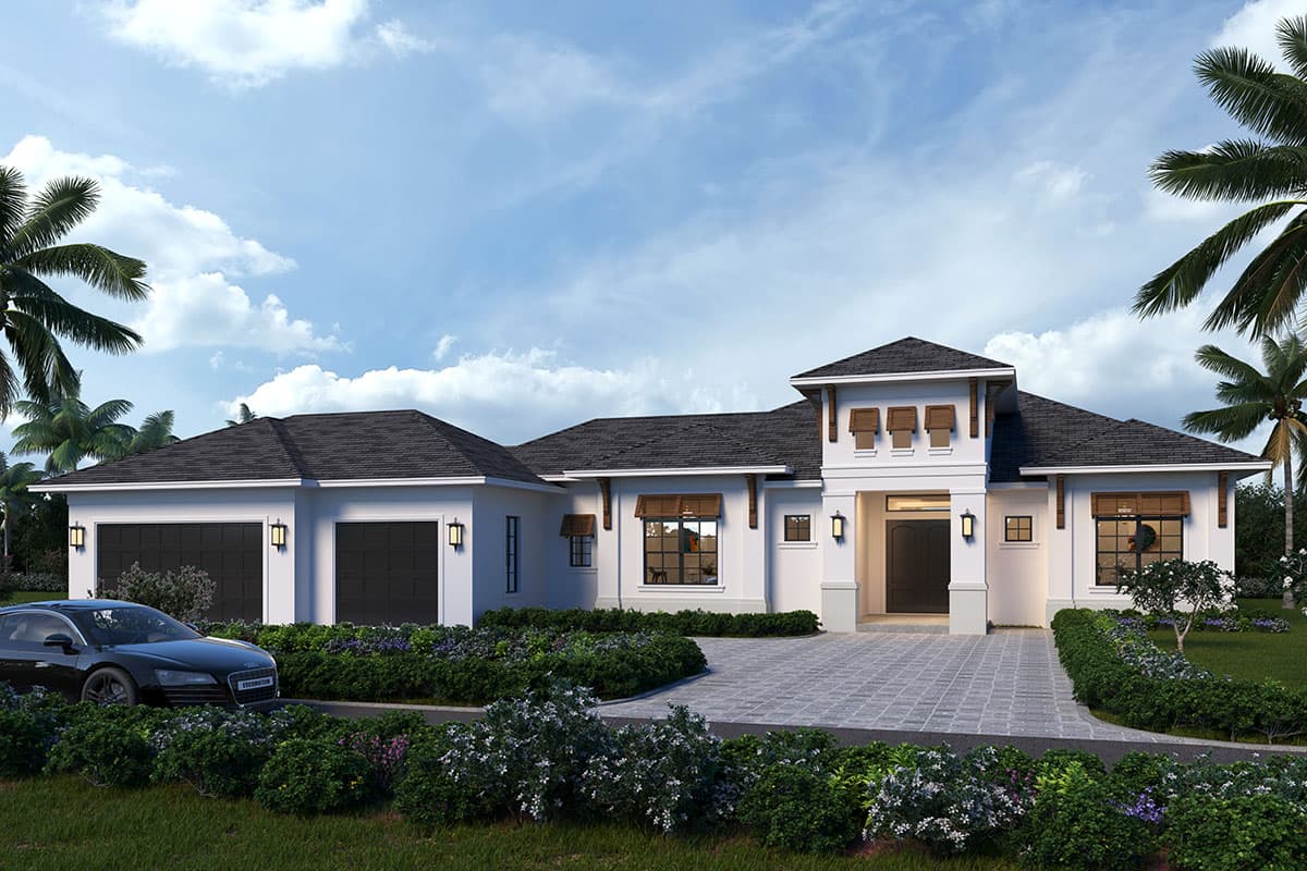 House plan exterior featuring a single-story design, with a garage and prominent gables. The entryway has decorative elements and window shutters.