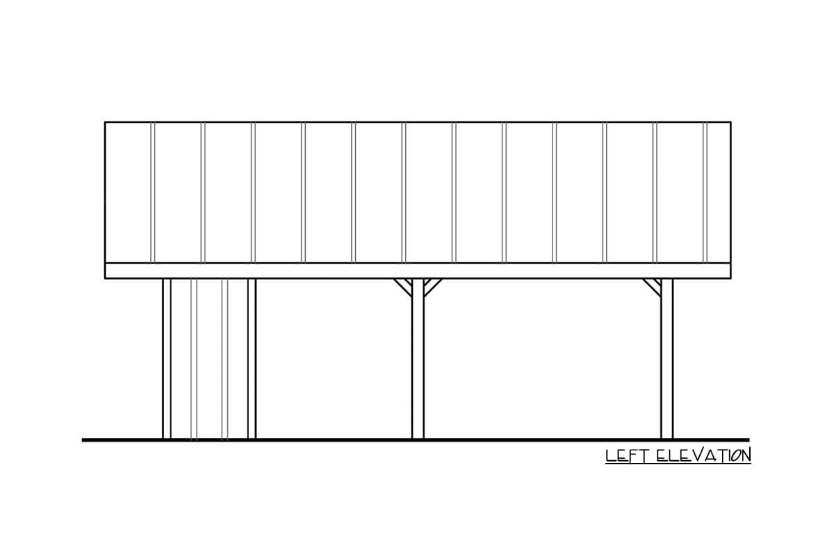 Left elevation house plan drawing showing vertical siding and supporting posts.