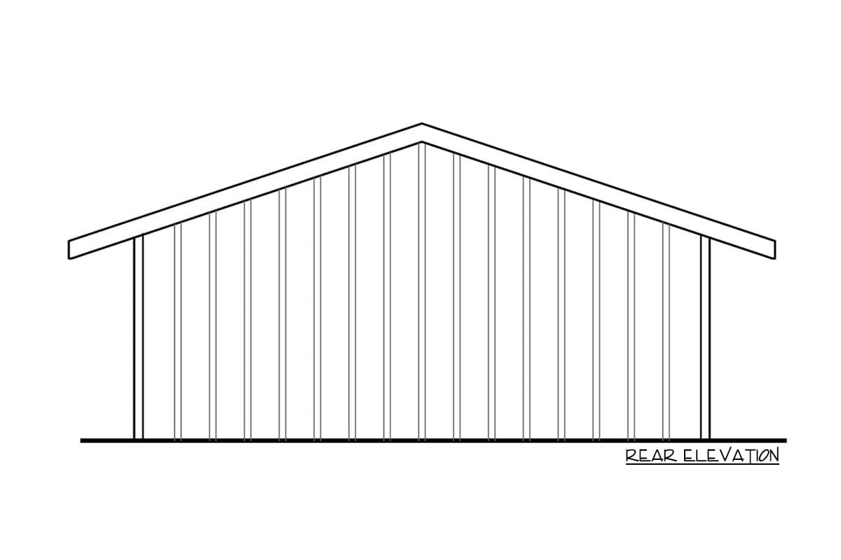Rear elevation drawing of a house plan with vertical siding and a gabled roof.