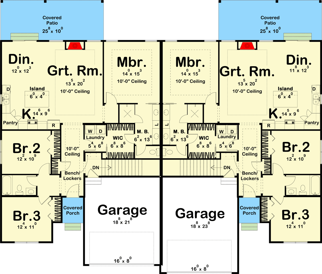 Plan 62360DJ: Craftsman Multi-Family House Plan with 2 Units - 3 Beds and 1616 Sq Ft Each - Floor Plan - Main Level - Craftsman, Ranch, Traditional