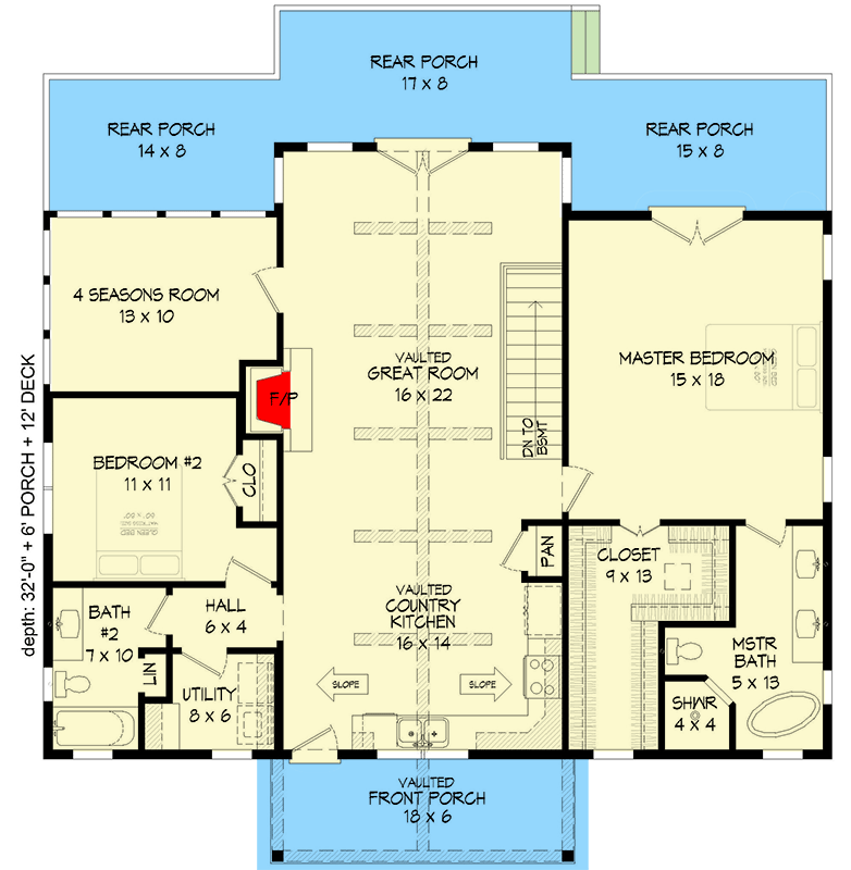 Plan 68758VR: 2-Bed House Plan with Vaulted Interior and 4-Season Room - 1541 Sq Ft - Floor Plan - Main Level - Country, Mountain, Ranch
