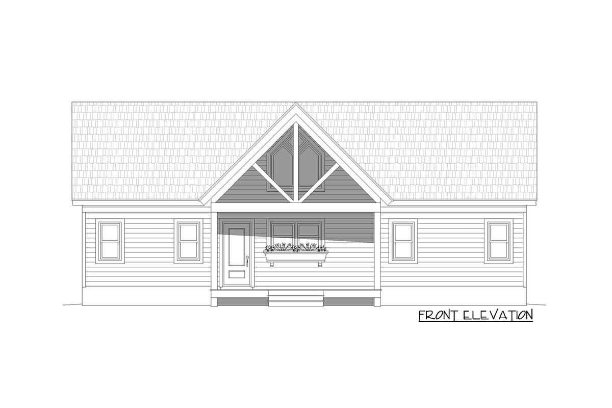 Front elevation drawing of a single-story house with a gable roof, covered porch, and symmetrical window placement.