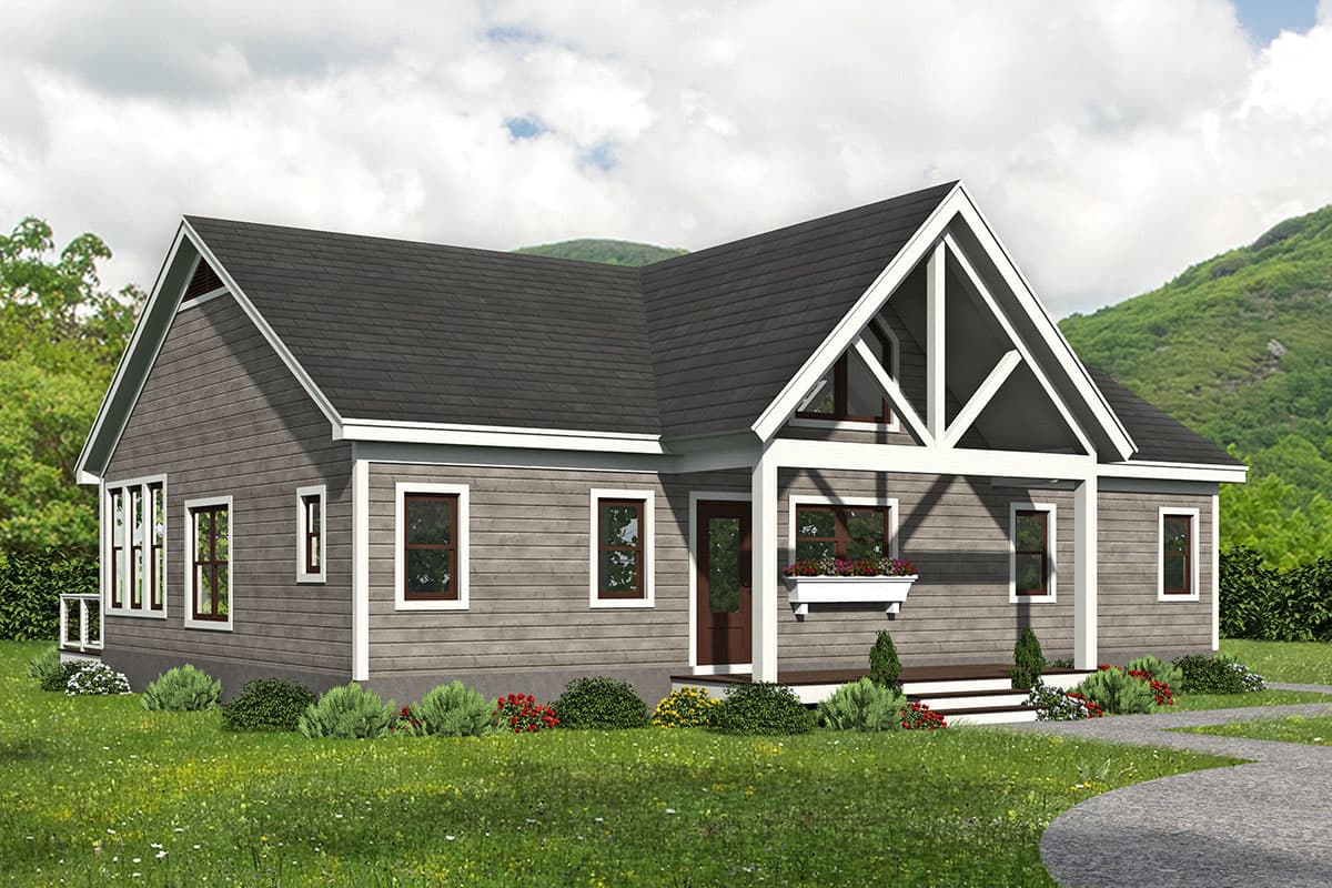 House plan exterior. Ranch style, one-story home with gabled roof, prominent front porch with decorative supports, and multiple windows.