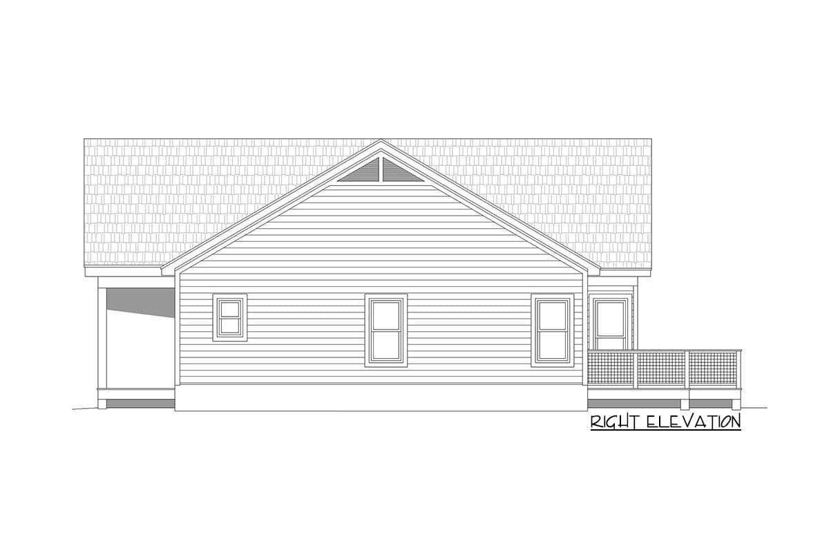 House plan right elevation: Gable roof, clapboard siding, covered entry, and a deck with railing.