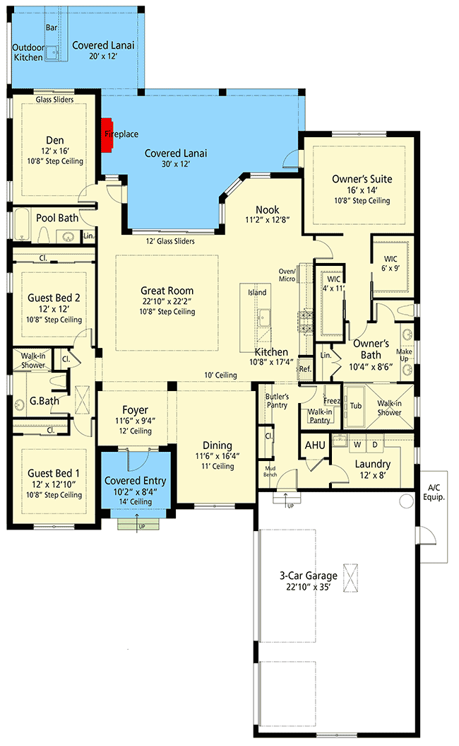 Plan 33241ZR: 3-Bed Southern Coastal Contemporary Home Plan with Den and Spacious Lanai - Floor Plan - Main Level - Coastal, Coastal Contemporary, Contemporary, Florida-Style, Ranch, Southern, Transitional