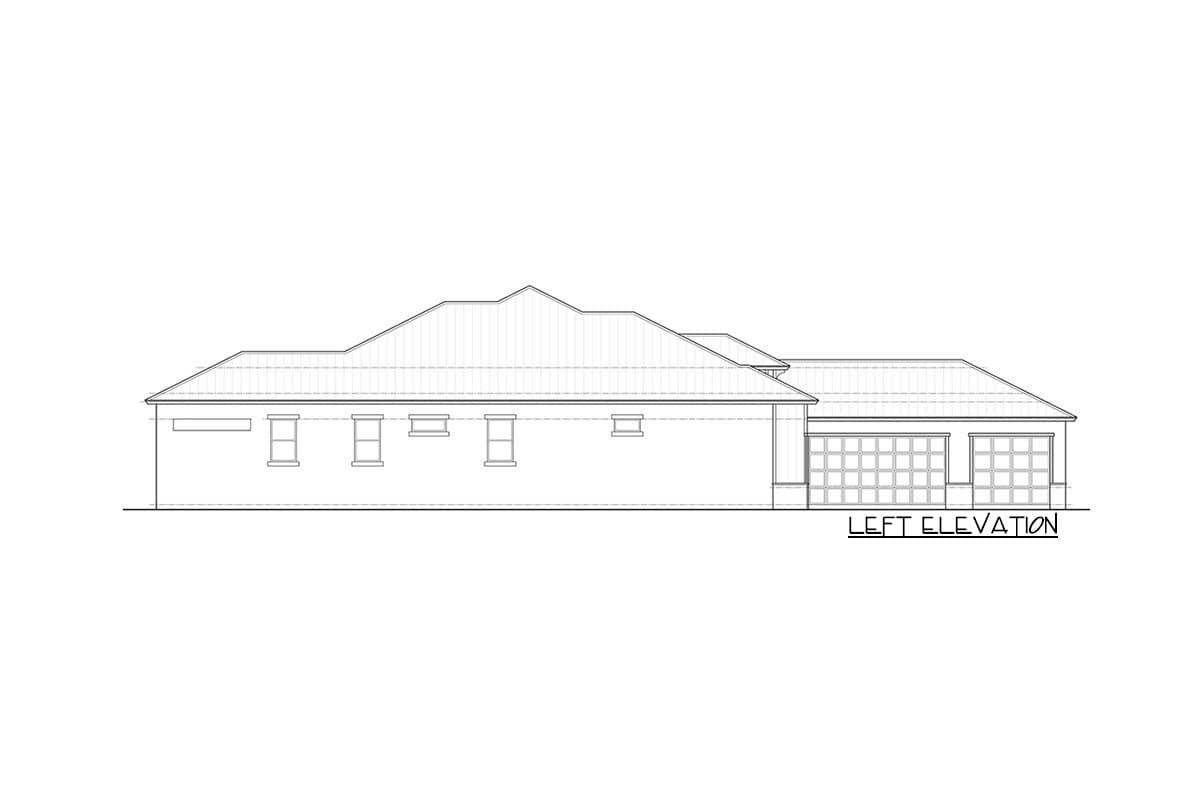 Left elevation drawing of a one-story house plan with multiple gables and a three-car garage.