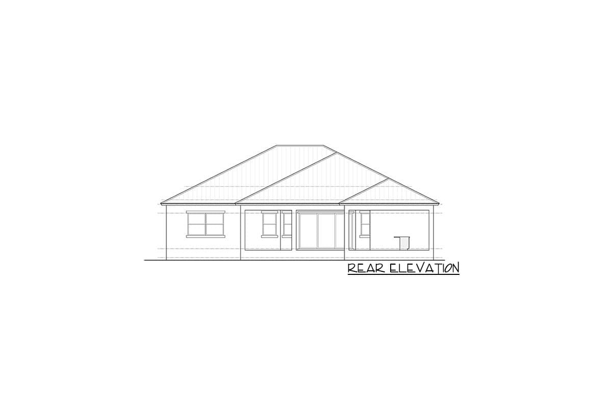 Rear elevation drawing of a single-story house with a hip roof, sliding glass doors, and a covered patio.
