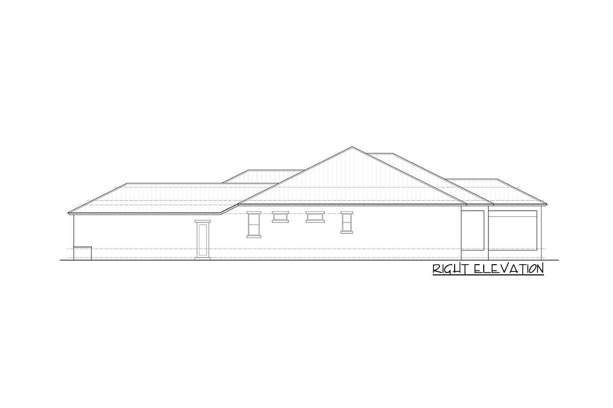 House plan right elevation drawing showing a single-story structure with gabled roof and attached garage.