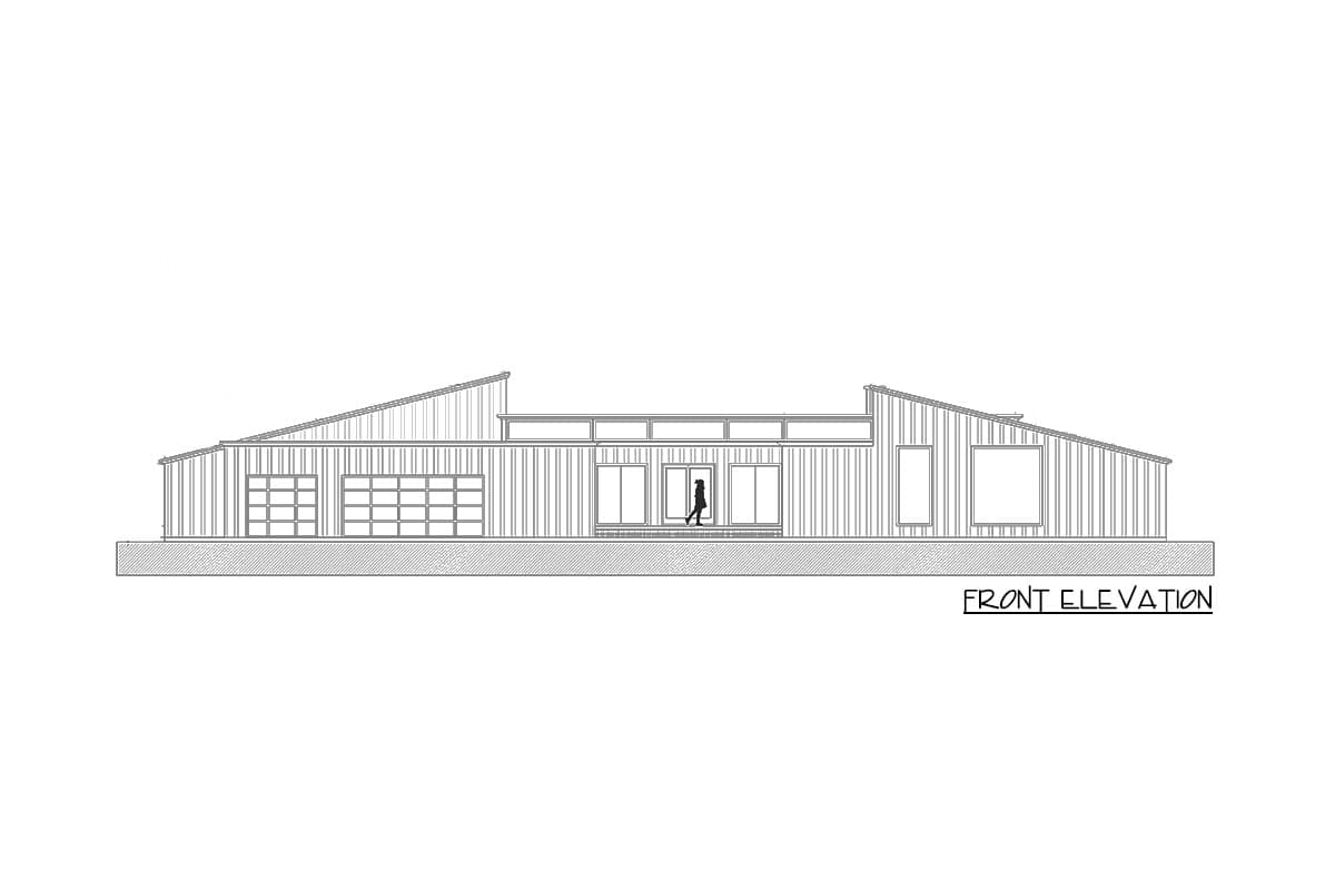 Front elevation drawing of a modern house with a sloped roof, two garage doors, and large windows.