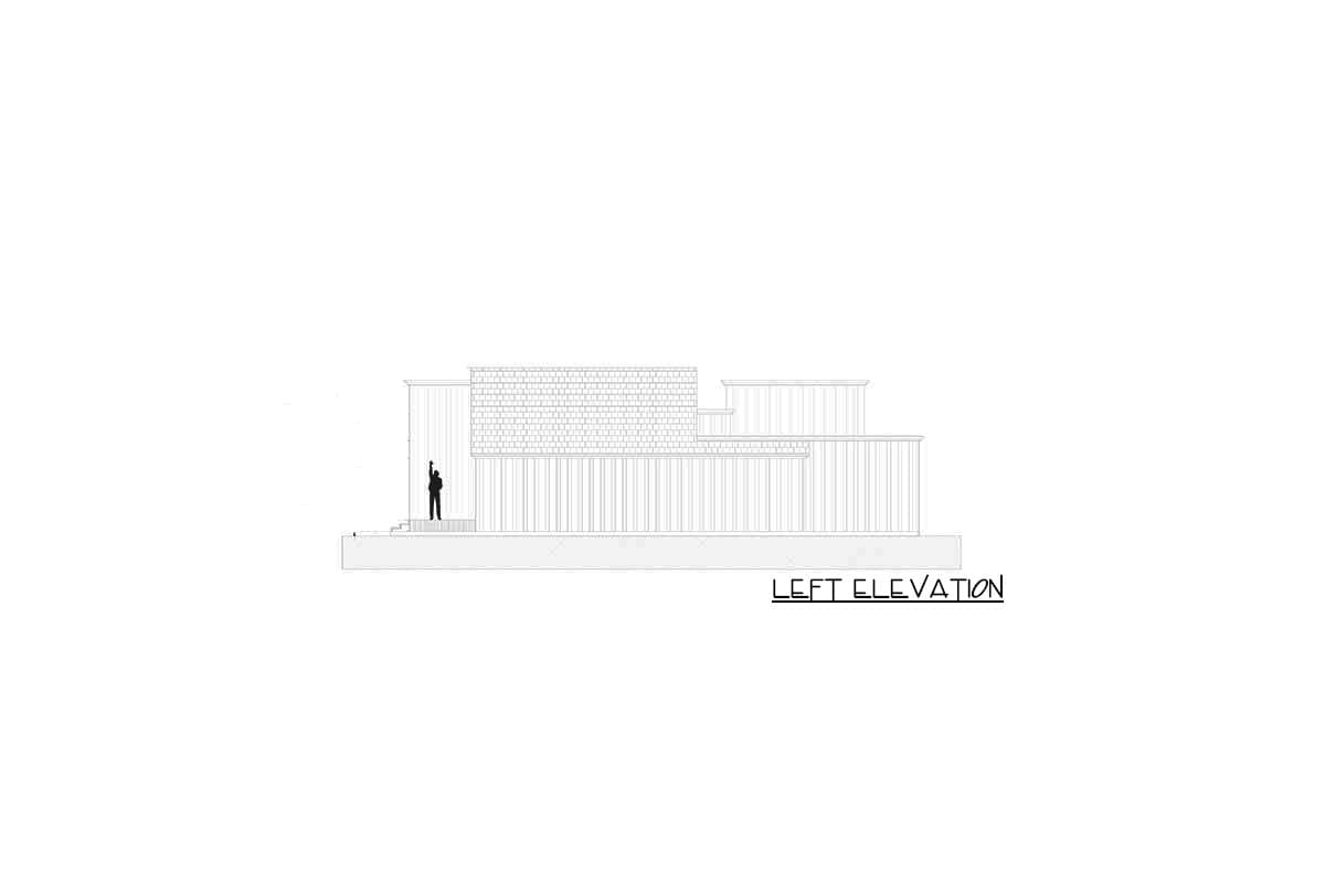 Left elevation drawing of a multi-level house with a shingled roof and vertical siding.