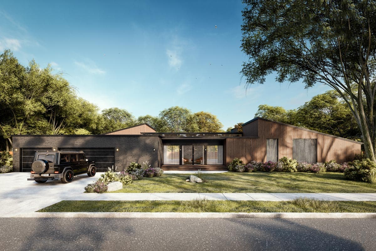 House plan exterior. Modern style, one story. Features include a garage, flat roof, and wood siding with large windows and a glass door entry.