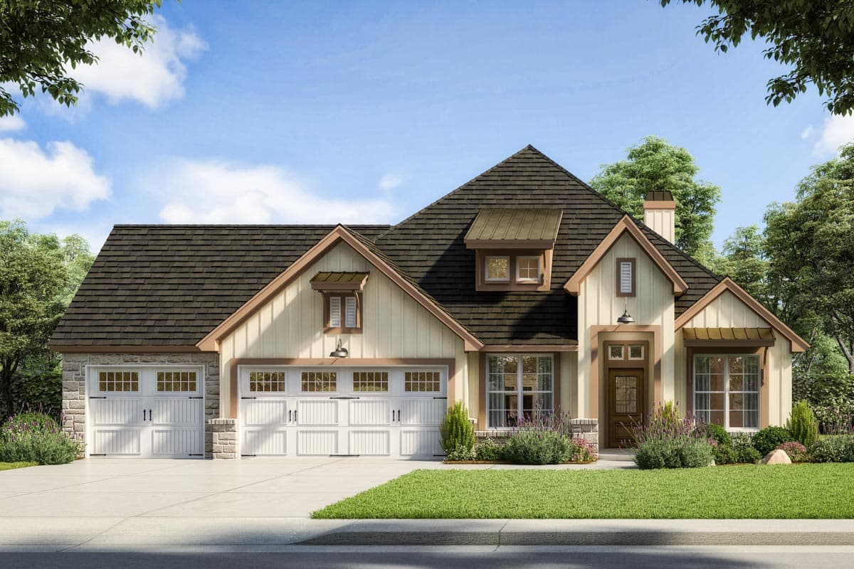 House plan exterior. Two-story Modern Farmhouse with gables, dormers, and a three-car garage. Features stone accents and a covered entry porch.