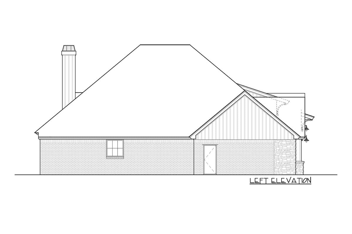 Left elevation drawing of house plan showing brick exterior, large gable, chimney, and stone accents.