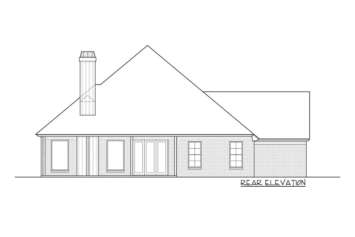 Rear elevation drawing of a house plan, showing a prominent chimney, large windows, and French doors.