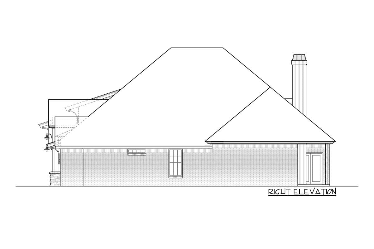 Right elevation house plan with brick exterior, pitched roof, gables, chimney, and covered entryway.