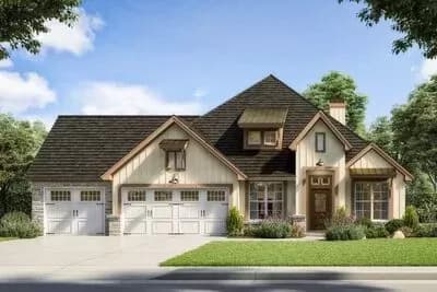 Exclusive Country Craftsman Home Plan with Split Bedrooms and Study