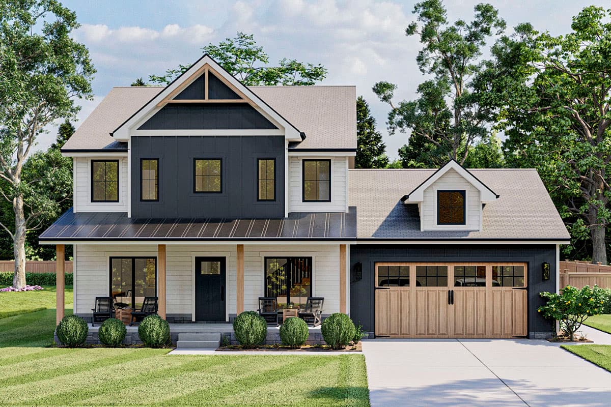 Modern Farmhouse house plan exterior with covered porch, two stories, prominent gables, and two-car garage.
