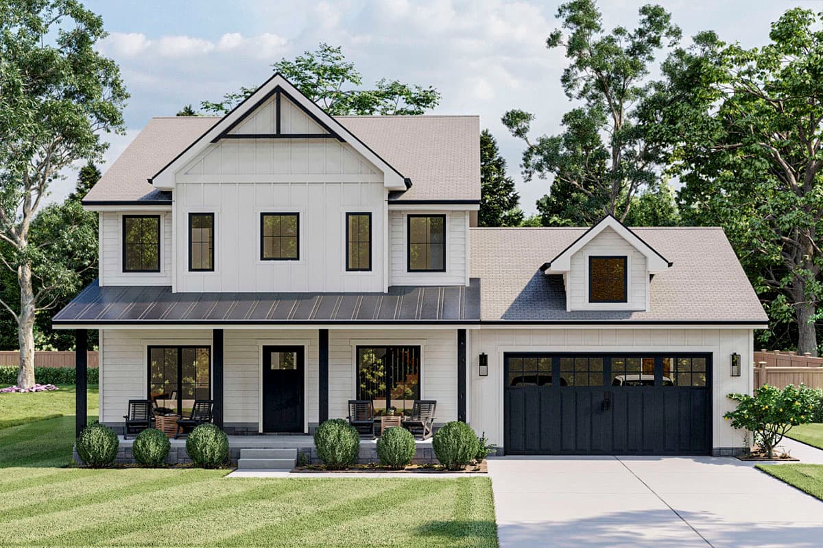 Modern Farmhouse house plan exterior with two stories, gables, covered porch, and attached garage.