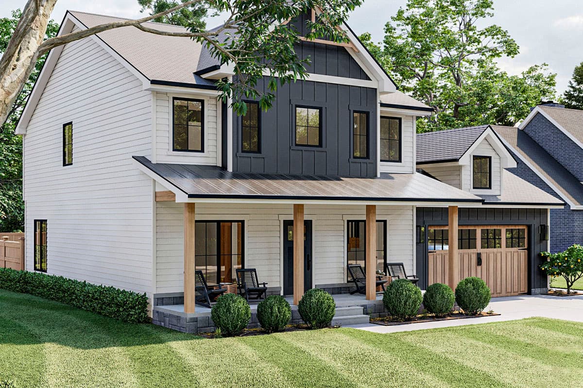 Modern Farmhouse house plan exterior, two stories, with a covered porch, gabled dormers, and an attached garage.