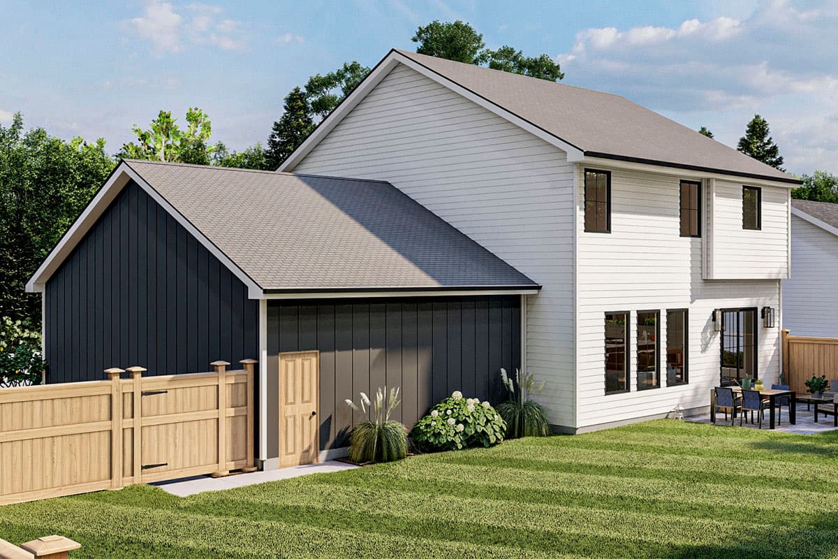 House plan exterior: Two-story residence with attached garage, white siding, dark vertical siding on garage, gabled roof, and wood fence.