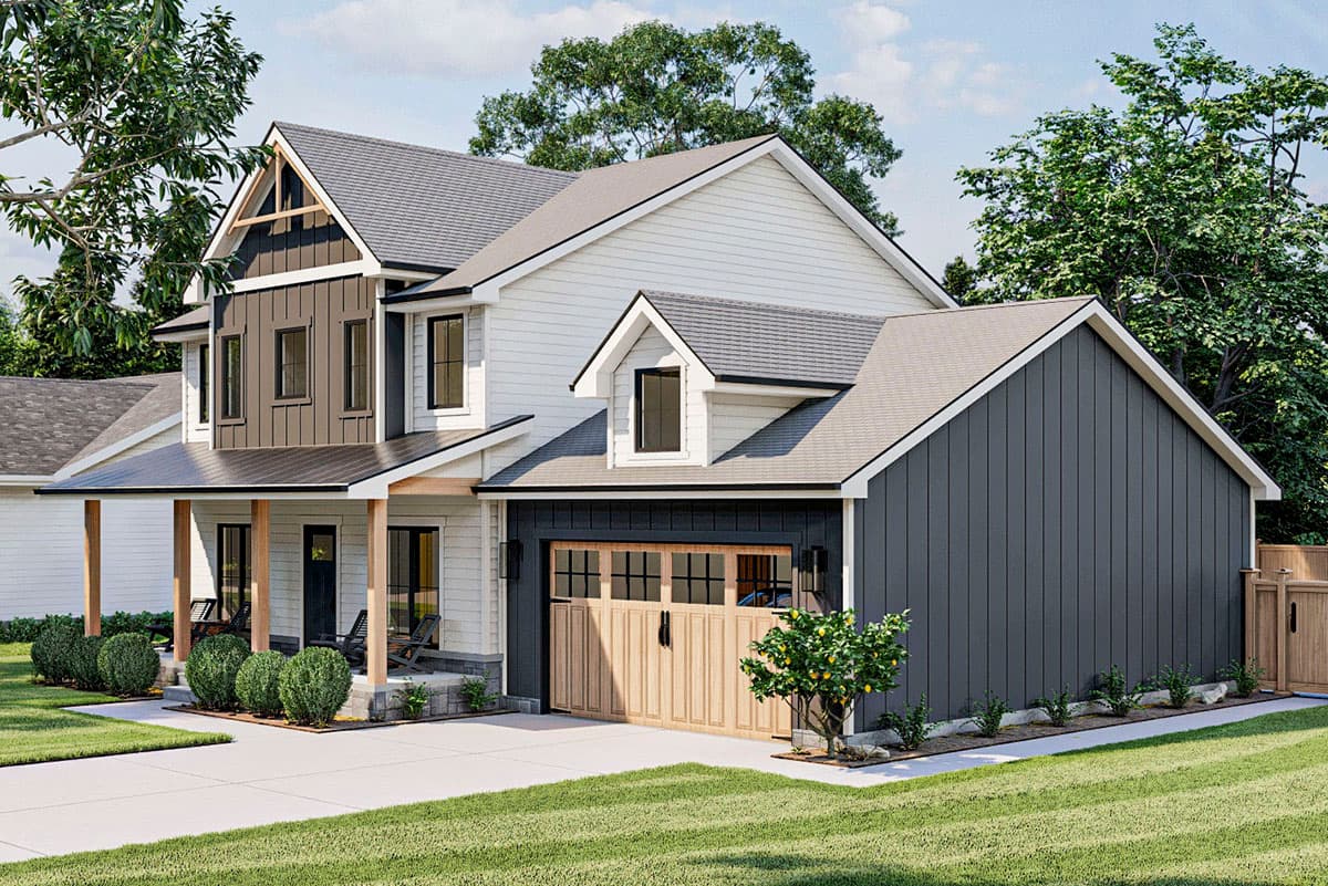 Modern Farmhouse house plan exterior with a covered front porch, two stories, gables, dormers, and a side-entry garage.