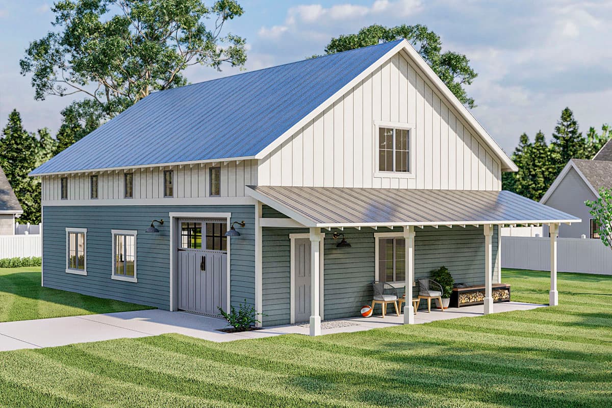 Modern Farmhouse house plan exterior with blue metal roof, board and batten siding, and covered porch.