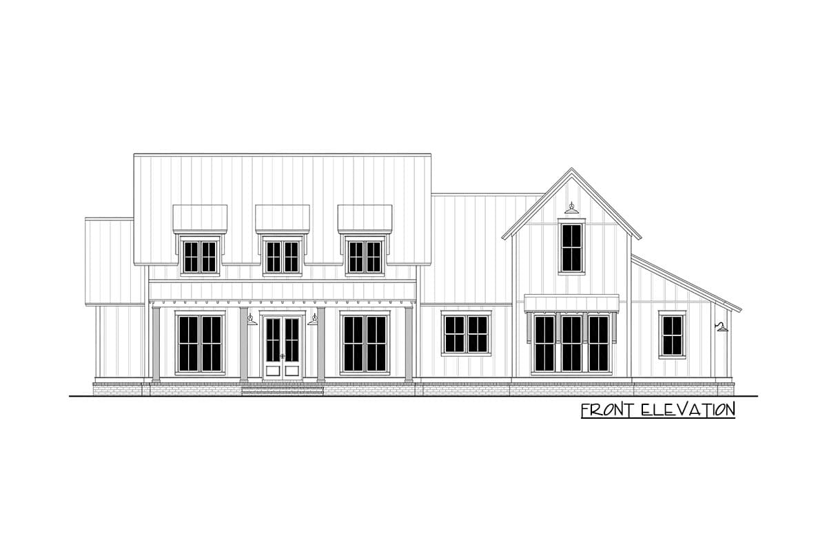 Front elevation house plan with metal roof, dormers, covered porch, and gabled entry.