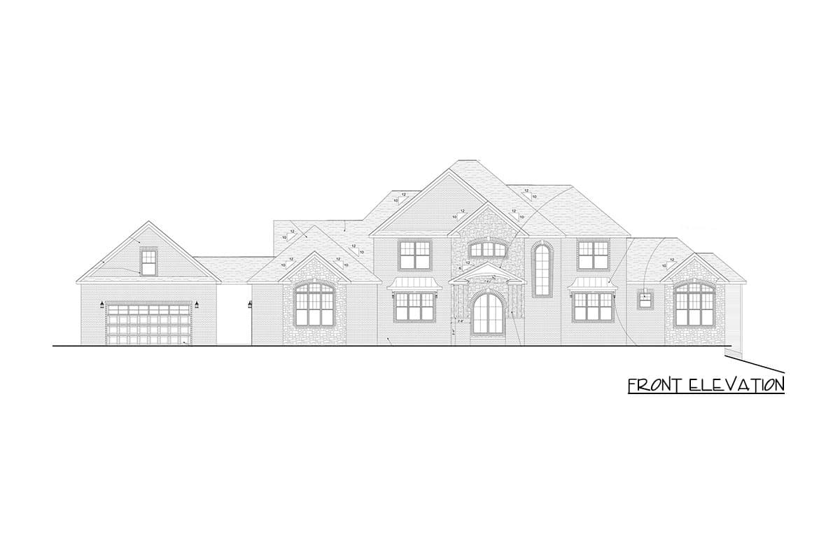 Front elevation drawing of a two-story house with a three-car garage, arched entryway, stone accents, and multiple gables.