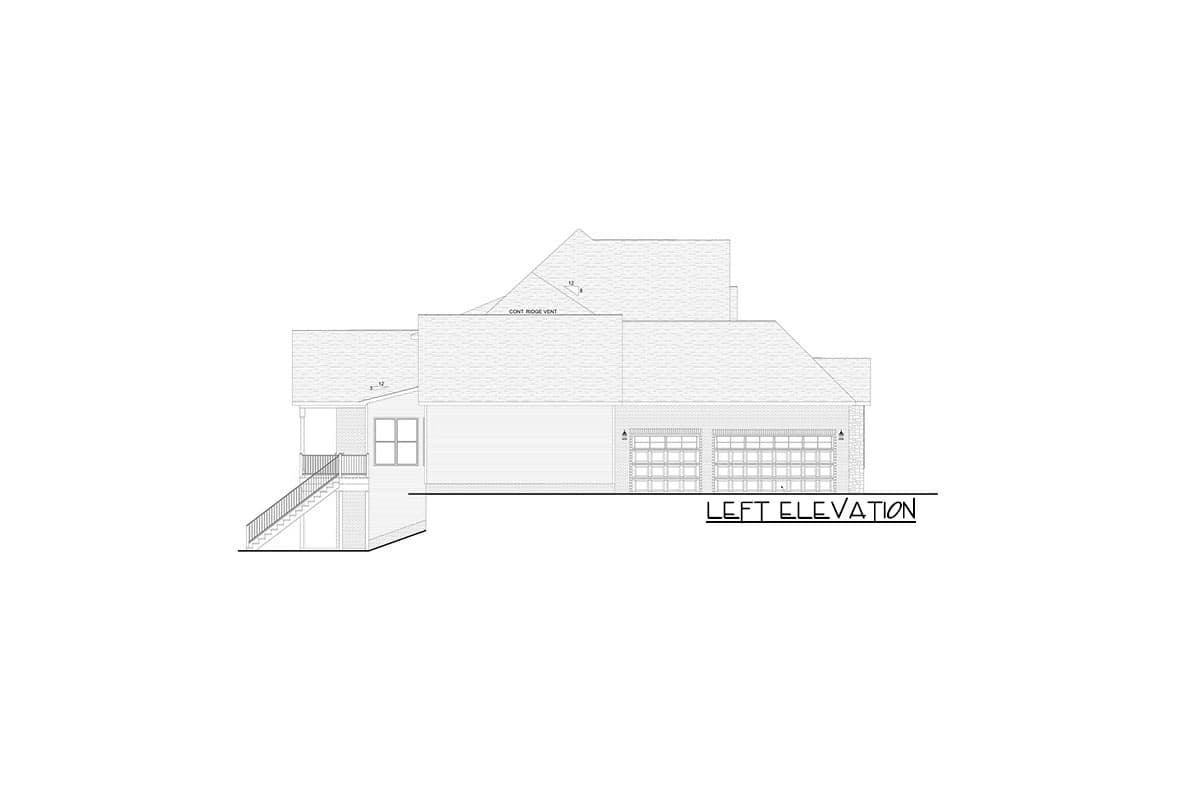 Left elevation drawing of a house plan showing a two-car garage, a windowed section, and stairs to a porch.
