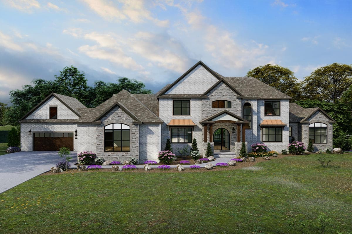 House plan exterior. Two-story home with a brick facade, arched window, and multiple gables. Features a covered front entry and attached garage.