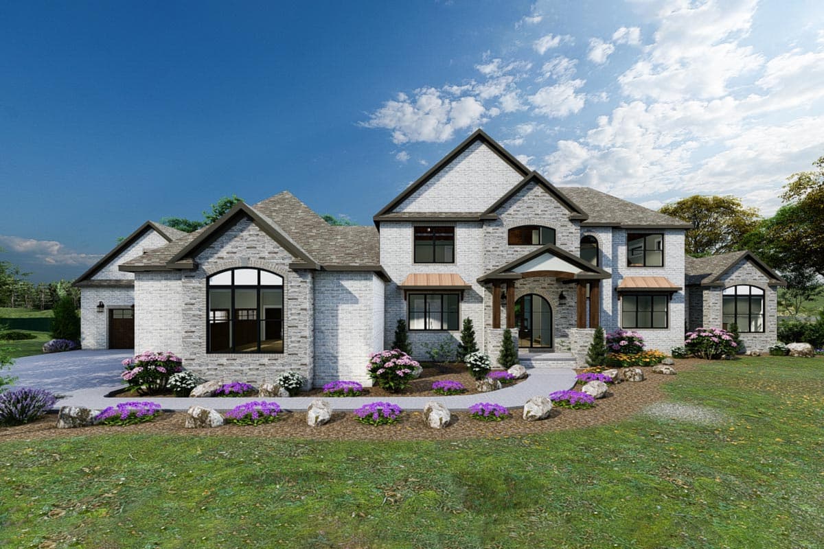 Exterior house plan with white brick facade, arched entryway, multiple gables, and a three-car garage.