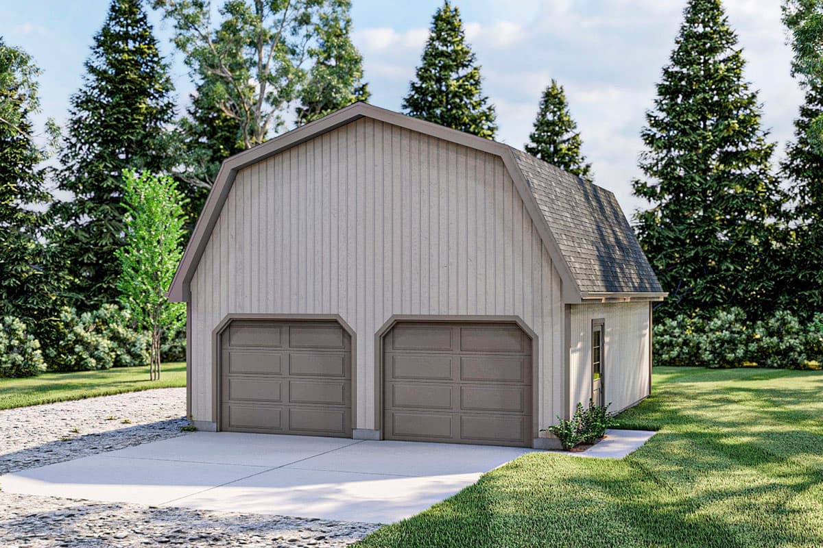 Barn-style garage plan with gambrel roof, two garage doors, and vertical siding.