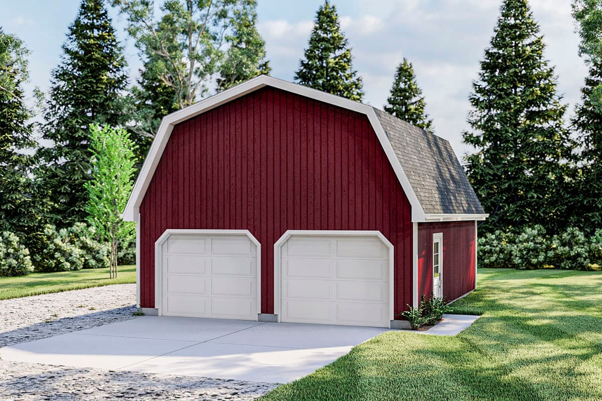 House plan exterior. Two-story barn-style structure with gable roof, two-car garage, and vertical siding. Features a single entry door.