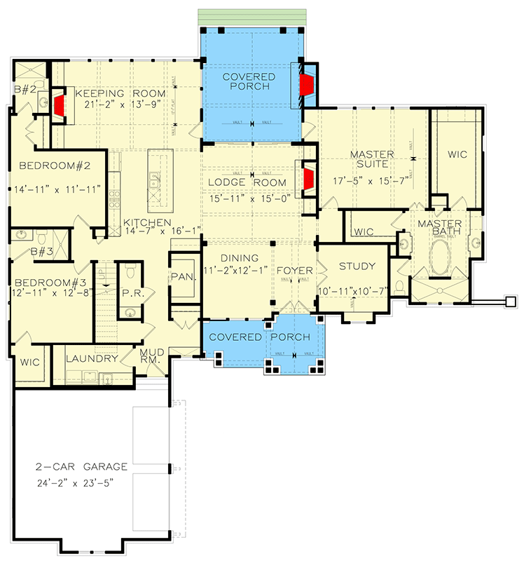 Plan 25707GE: Country Craftsman House Plan with Serene Master Suite and Three Fireplaces - Floor Plan - Main Level - Country, Craftsman, Mountain