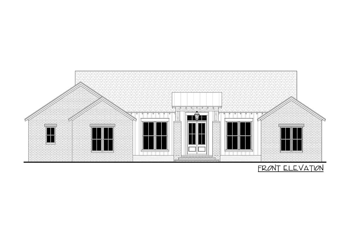 Front elevation drawing of a one-story house plan with brick exterior, gabled wings, and a central covered entryway.