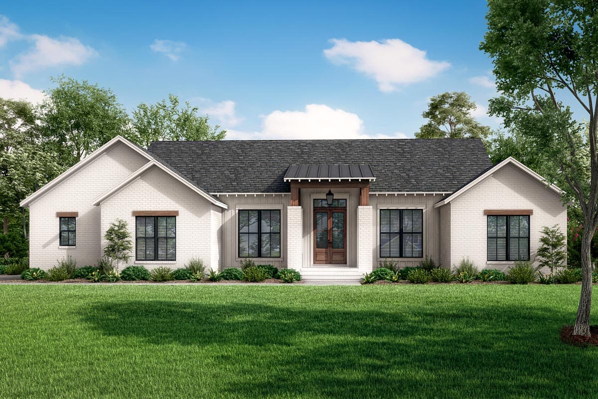 House plan exterior. One-story Modern Farmhouse with gables, a covered entry porch, and dark-framed windows. White brick exterior with dark roof.