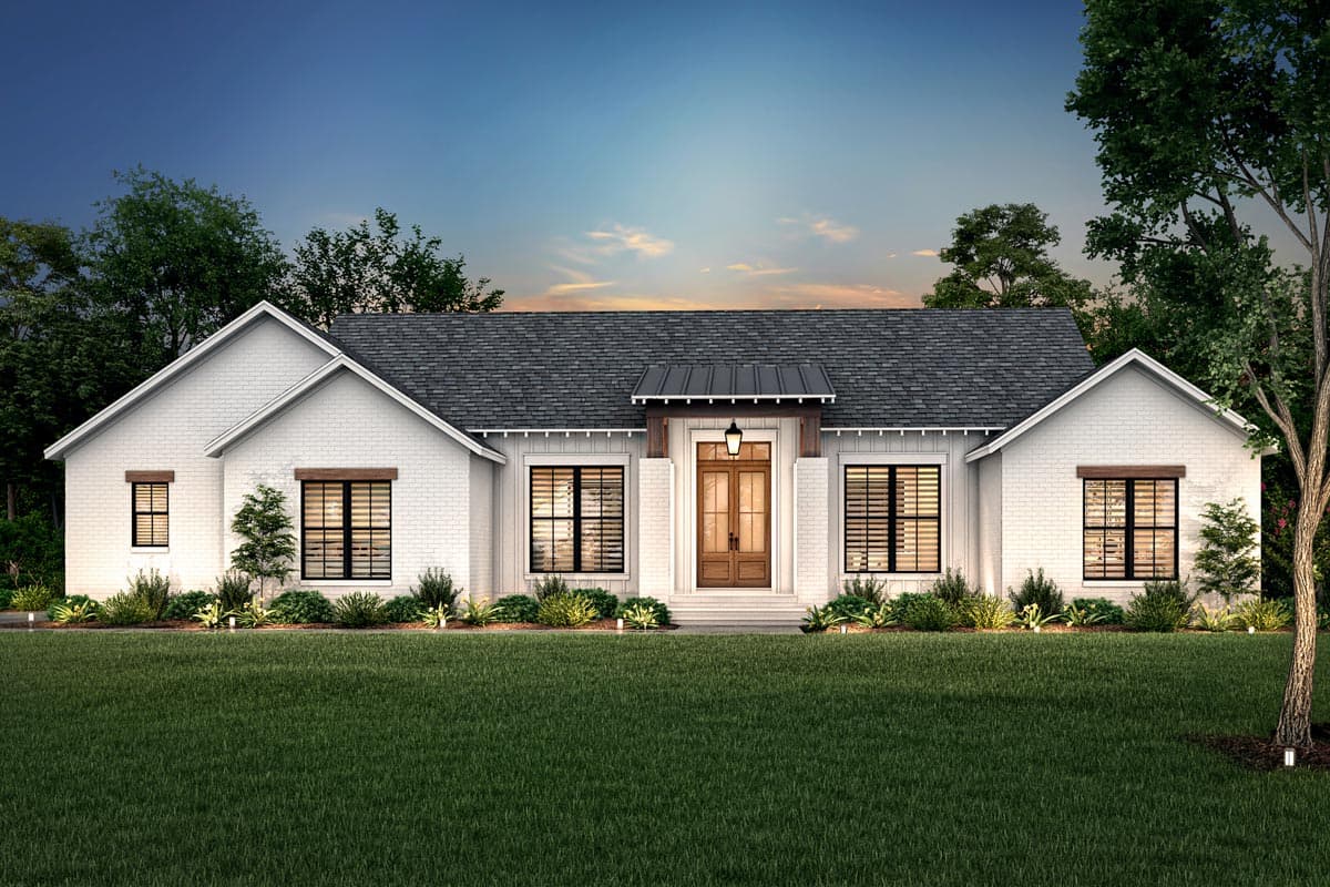 House plan exterior: Modern Farmhouse style, single-story, white brick, symmetrical gables, covered entry with metal roof detail.
